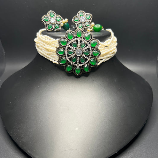 Green Stone & Pearl Choker Necklace Set with Flower Motif Earrings