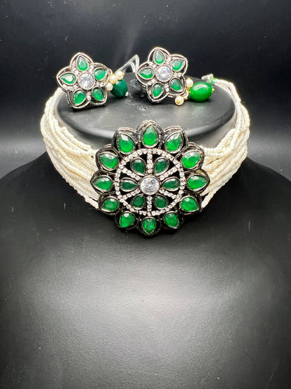 Victorian Style Green Stone & Pearl Choker Necklace Set with Floral Earrings| Indian Necklace Set| Gift for Her|Birthday's |Aniversary|Wedding Gift