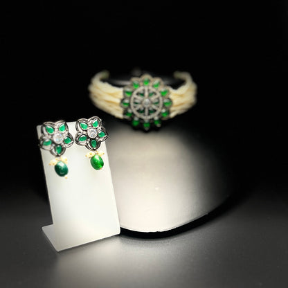 Green Stone & Pearl Choker Necklace Set with Flower Motif Earrings