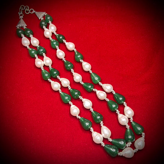 Layered Green Stone & Pearl Necklace, Silver Accent Beads, Artisan Design