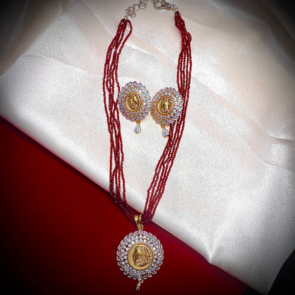 Red Crystal Bead Necklace Set with Kundan Pendant & Earrings, Gold Accents
