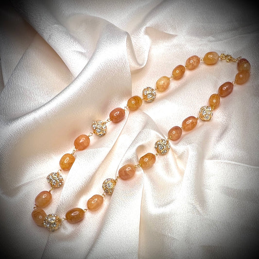Peach Moonstone & Crystal Ball Necklace – Elegant Handmade Statement Jewelry