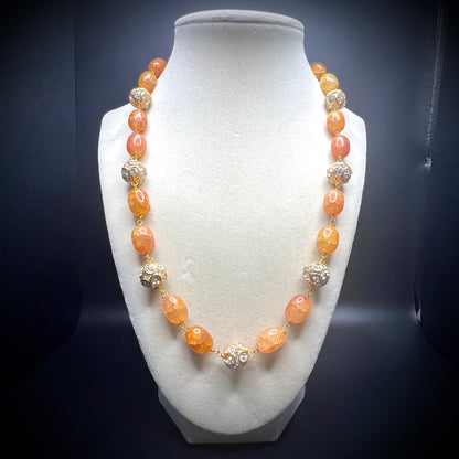 Orange Aventurine Gemstone Necklace with Crystal Ball Accents, Gold Details