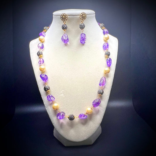 Amethyst Purple Crackle Glass & Champagne Bead Necklace Set with Matching Earrings