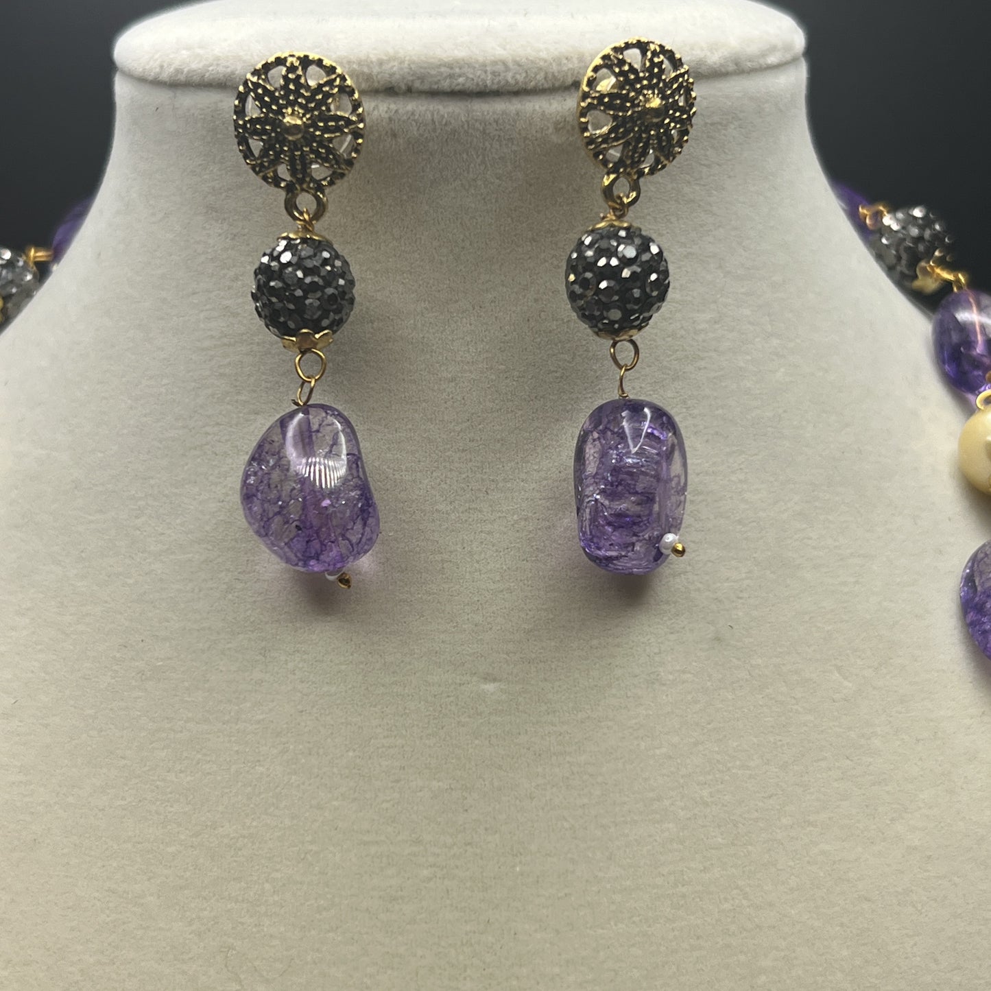 Amethyst Purple Crackle Glass & Champagne Bead Necklace Set with Matching Earrings