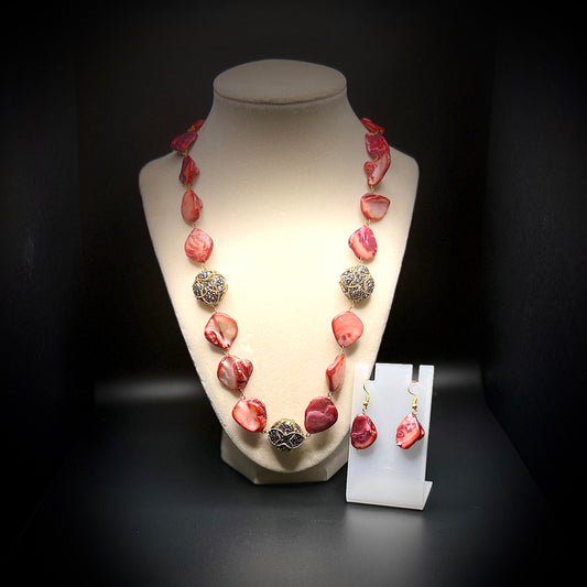 Red Mother of Pearl Necklace and Earring Set | Handmade Shell Jewelry | Statement Beaded Gift for Her