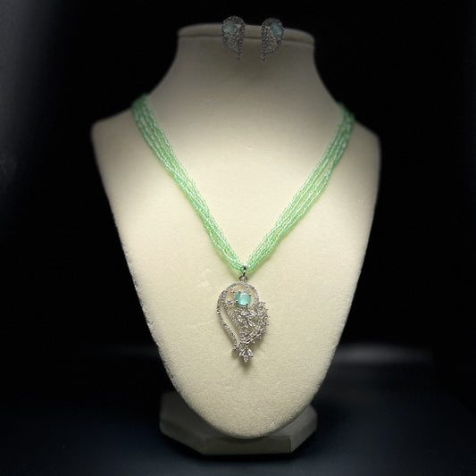 Mint Green Seed Bead Necklace Set with Teardrop Crystal Pendant & Earrings, Silver Tone