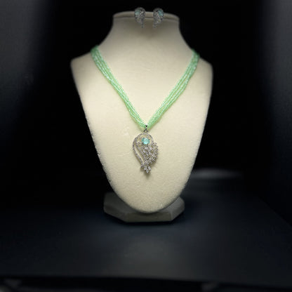 Mint Green Seed Bead Necklace Set with Teardrop Crystal Pendant & Earrings, Silver Tone