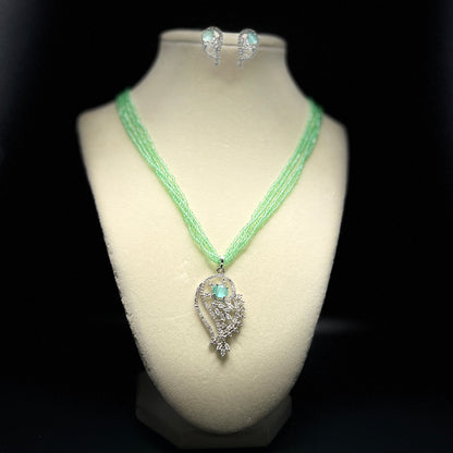 Mint Green Seed Bead Necklace Set with Teardrop Crystal Pendant & Earrings, Silver Tone