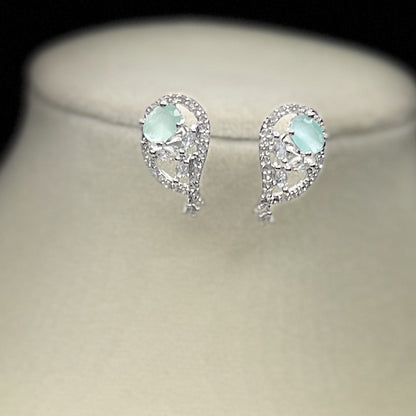 Mint Green Seed Bead Necklace Set with Teardrop Crystal Pendant & Earrings, Silver Tone
