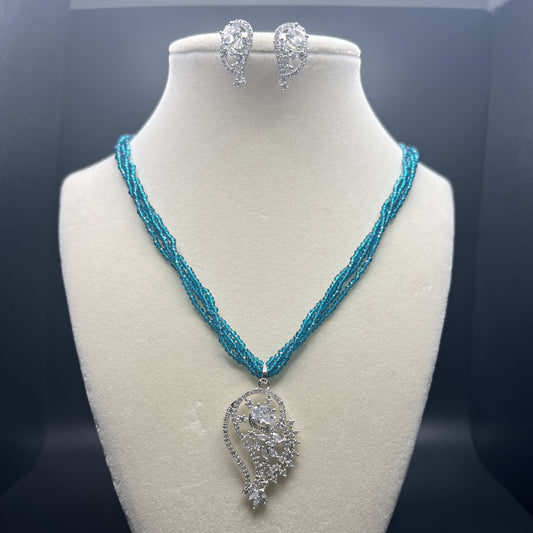 Modern Crystal Pendant Necklace Set, Blue Seed Beads, Silver Tone Jewelry