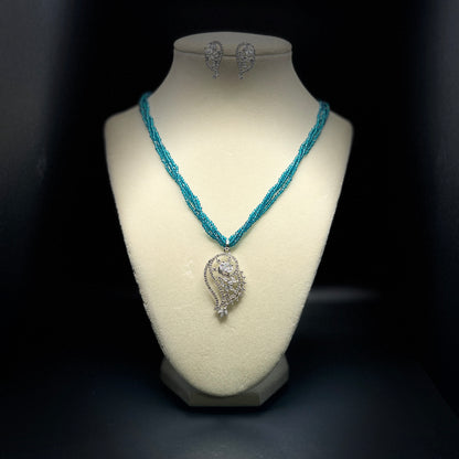 Modern Crystal Pendant Necklace Set, Blue Seed Beads, Silver Tone Jewelry