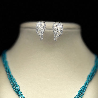 Modern Crystal Pendant Necklace Set, Blue Seed Beads, Silver Tone Jewelry