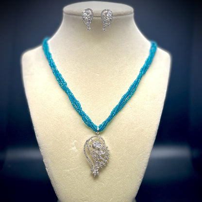 Modern Crystal Pendant Necklace Set, Blue Seed Beads, Silver Tone Jewelry