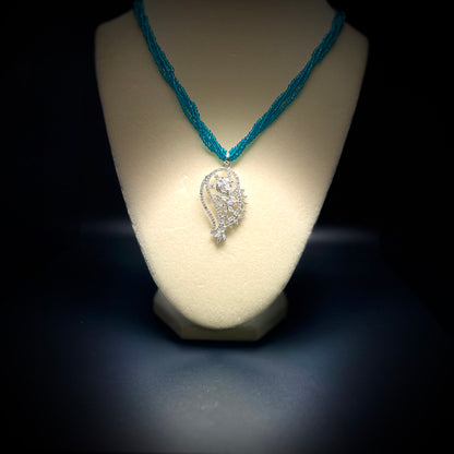 Modern Crystal Pendant Necklace Set, Blue Seed Beads, Silver Tone Jewelry
