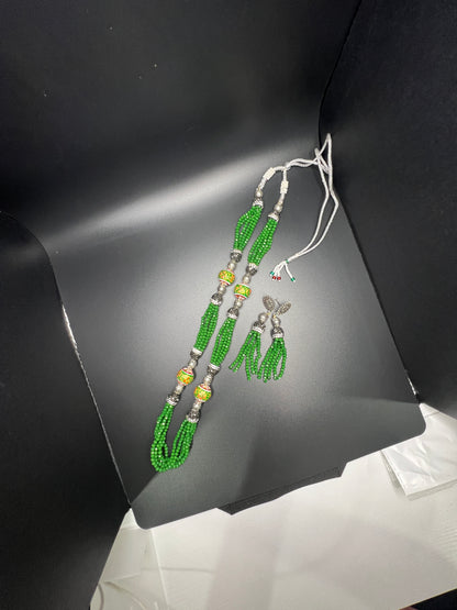 Green Seed Bead Necklace Set with Hand-Painted Beads & Tassel Earrings, Antique Silver Accents