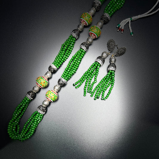 Green Seed Bead Necklace Set with Hand-Painted Beads & Tassel Earrings, Antique Silver Accents