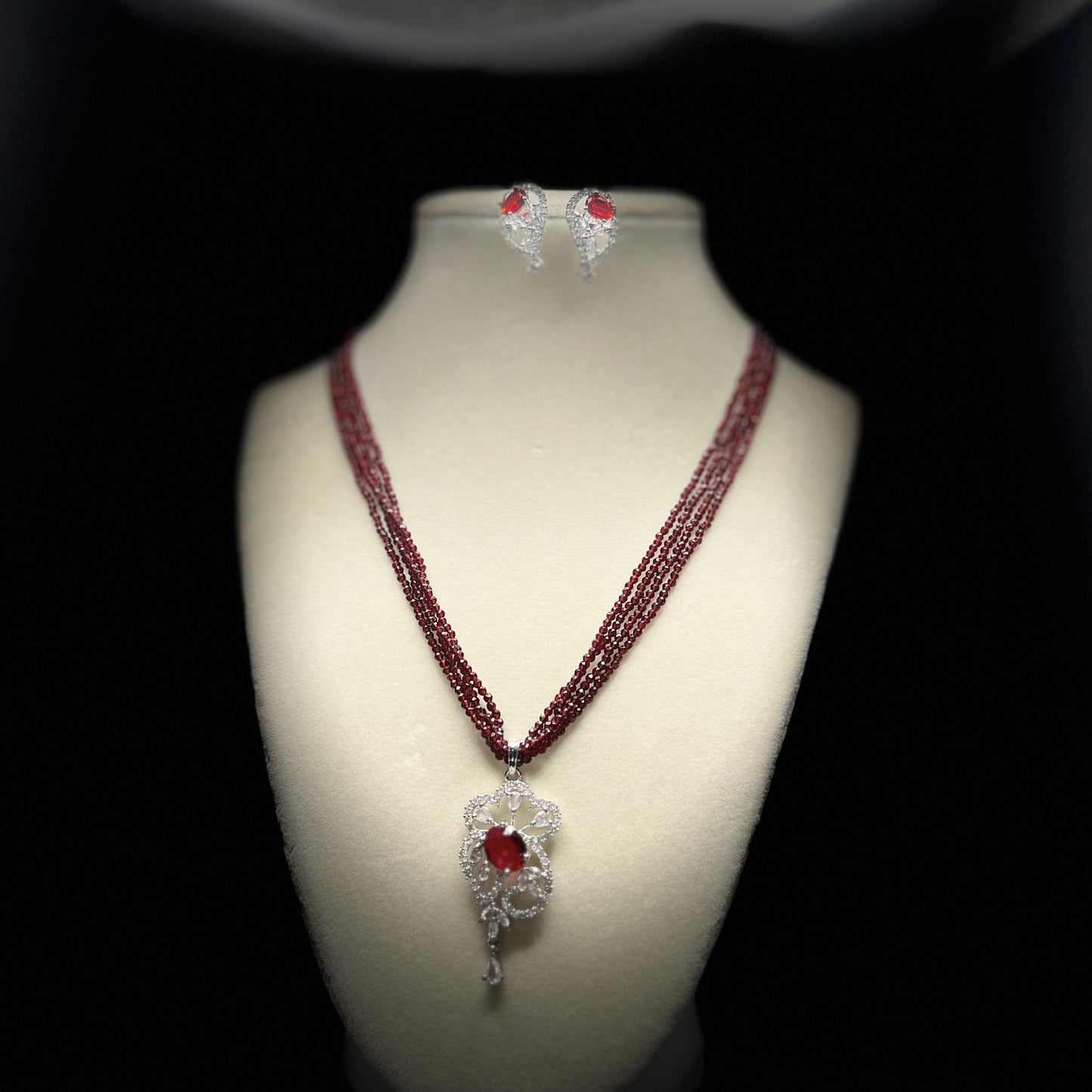 Burgundy Seed Bead Necklace Set with Crystal Pendant & Earrings, Silver Tone