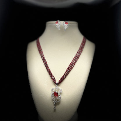 Burgundy Seed Bead Necklace Set with Crystal Pendant & Earrings, Silver Tone
