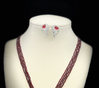 Burgundy Seed Bead Necklace Set with Crystal Pendant & Earrings, Silver Tone