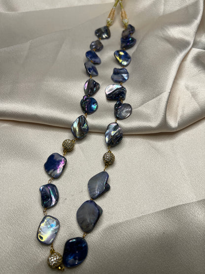 Blue Baroque shell Necklace with Textured Metal Accents, Artisan Design