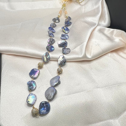 Blue Baroque shell Necklace with Textured Metal Accents, Artisan Design