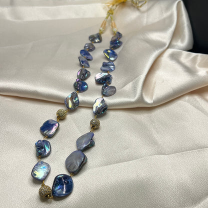 Blue Baroque shell Necklace with Textured Metal Accents, Artisan Design
