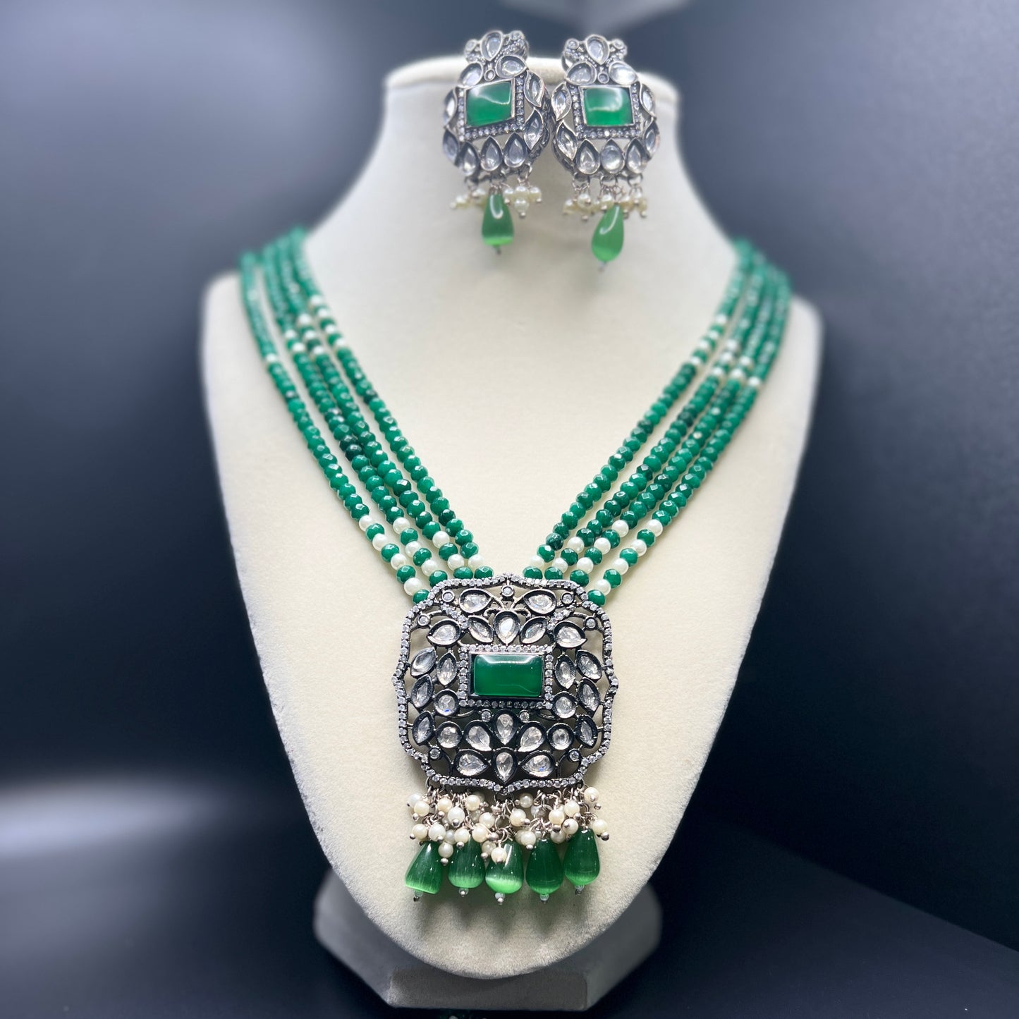 Emerald Green Kundan Necklace Set with Pearl Accents | Polki Bridal Jewelry | Traditional Indian  Necklace|Best Seller|Gift for Her