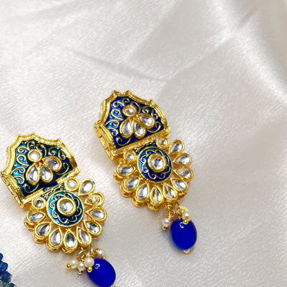 Royal Blue Meenakari Kundan Choker Necklace Set – Indian Bridal Jewelry with Pearls & Beads|Best Seller|Gift for Her