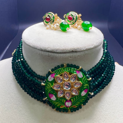Green Meenakari Kundan Choker Necklace Set – Handmade Beaded Jewelry for Weddings, Festivals & Parties