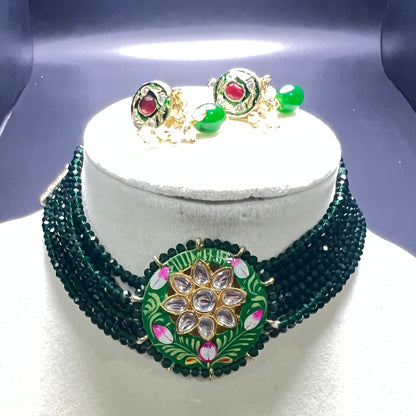 Green Meenakari Kundan Choker Necklace Set – Handmade Beaded Jewelry for Weddings, Festivals & Parties