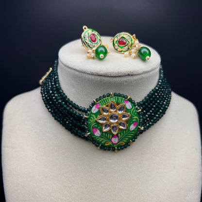 Green Meenakari Kundan Choker Necklace Set – Handmade Beaded Jewelry for Weddings, Festivals & Parties