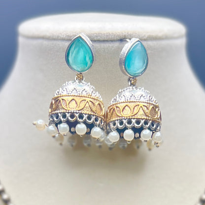 Antique Finish Necklace Set with Jhumka Earrings – Ethnic Pendant Jewelry – Pink, Teal, Orange Variants – Festival & Wedding Wear