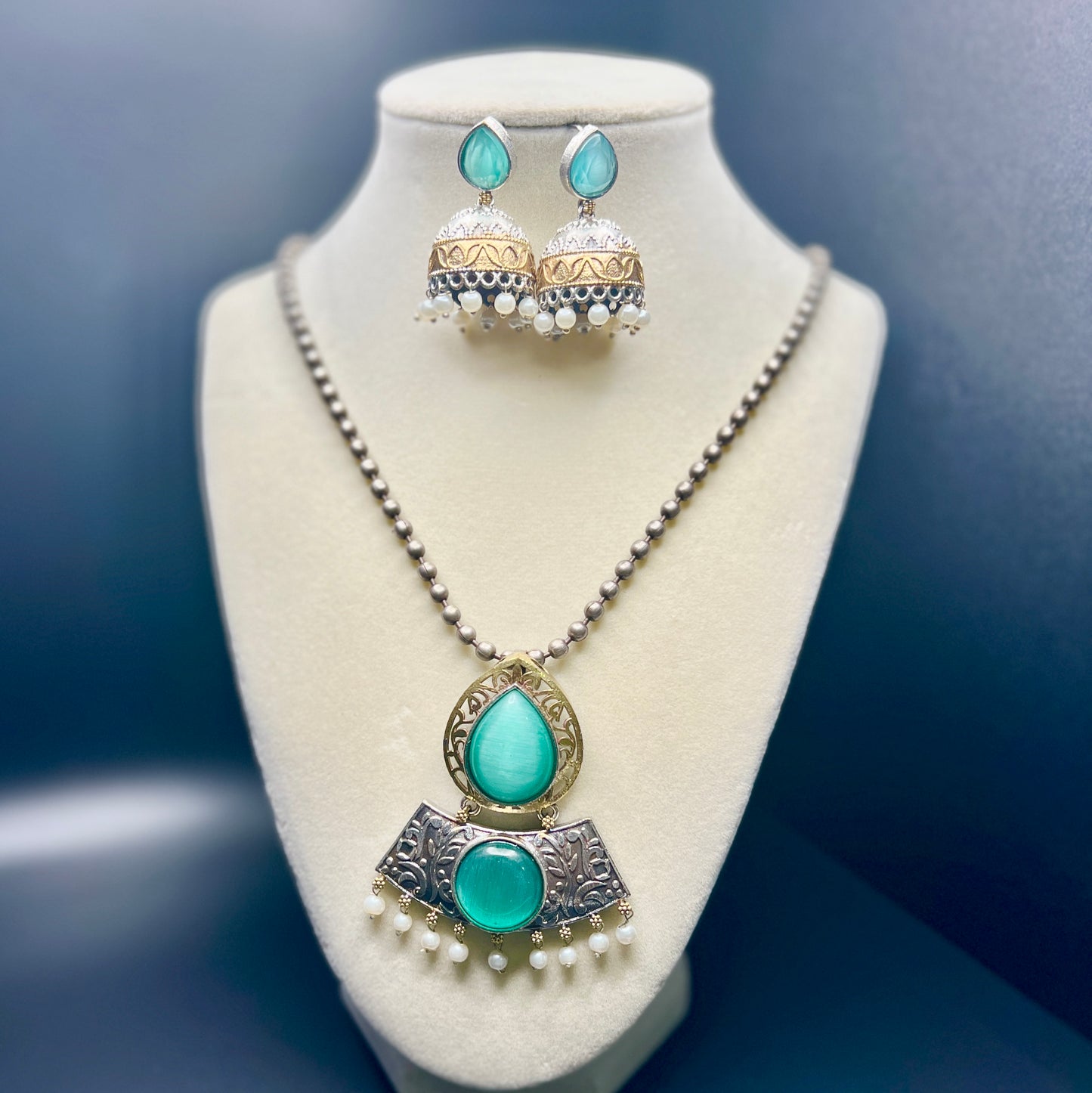 Antique Finish Necklace Set with Jhumka Earrings – Ethnic Pendant Jewelry – Pink, Teal, Orange Variants – Festival & Wedding Wear