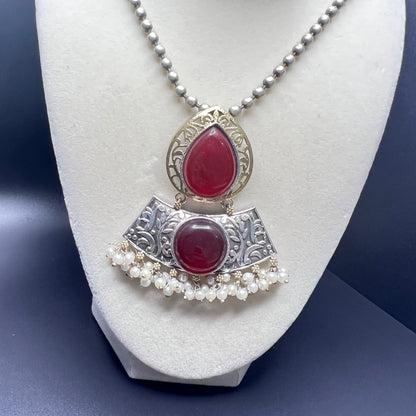 Antique Finish Necklace Set with Jhumka Earrings – Ethnic Pendant Jewelry – Pink, Teal, Orange Variants – Festival & Wedding Wear