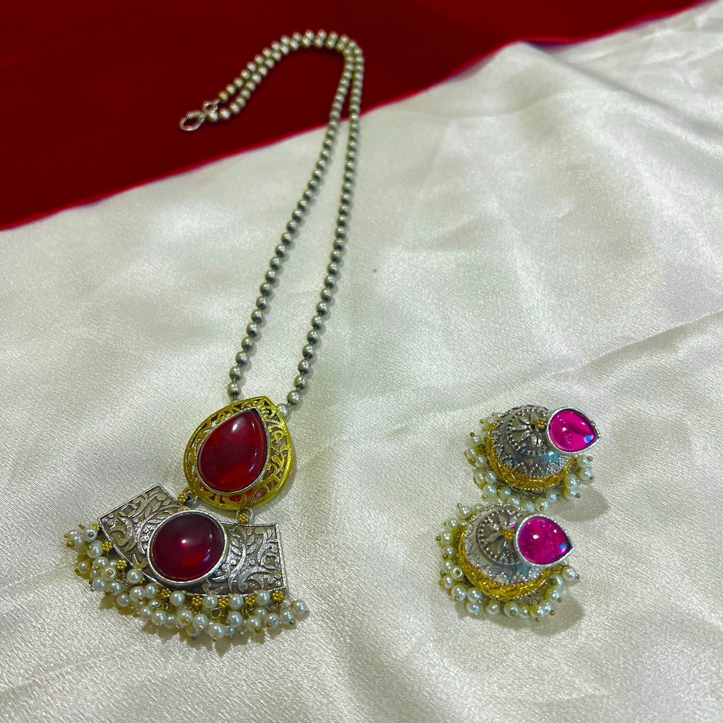 Antique Finish Necklace Set with Jhumka Earrings – Ethnic Pendant Jewelry – Pink, Teal, Orange Variants – Festival & Wedding Wear