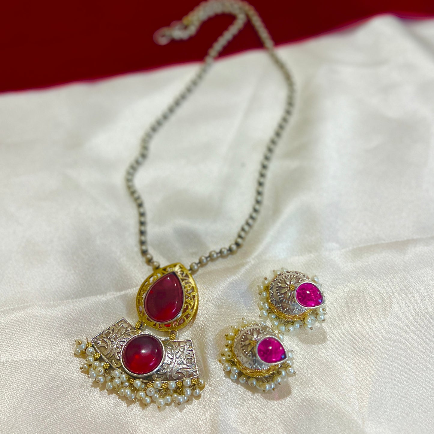 Antique Finish Necklace Set with Jhumka Earrings – Ethnic Pendant Jewelry – Pink, Teal, Orange Variants – Festival & Wedding Wear