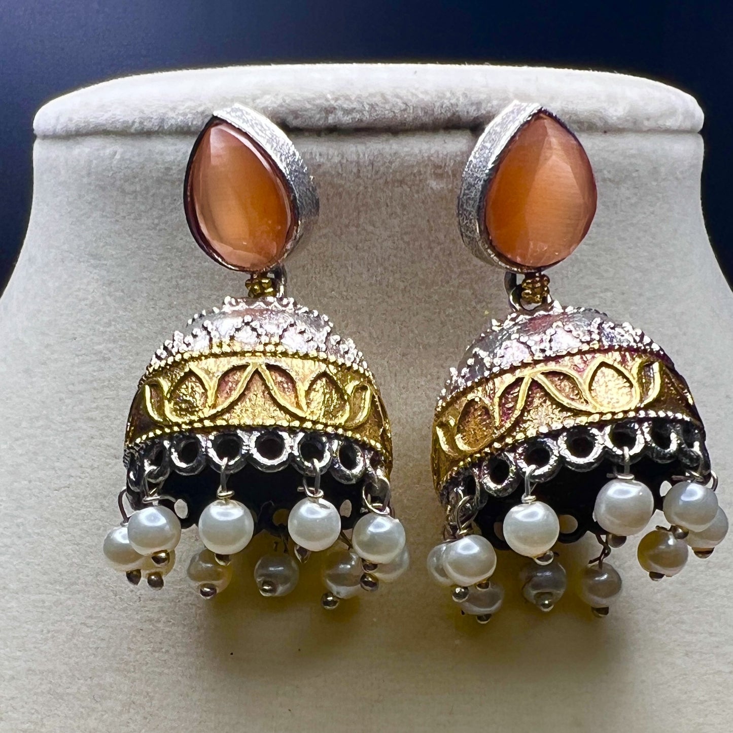 Antique Finish Necklace Set with Jhumka Earrings – Ethnic Pendant Jewelry – Pink, Teal, Orange Variants – Festival & Wedding Wear