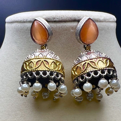 Antique Finish Necklace Set with Jhumka Earrings – Ethnic Pendant Jewelry – Pink, Teal, Orange Variants – Festival & Wedding Wear