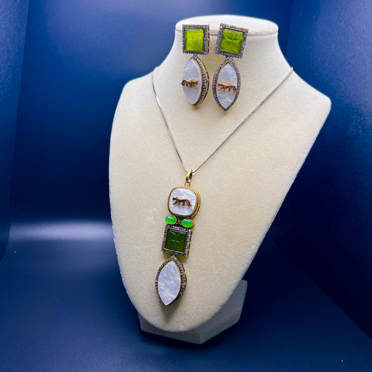 Sabyasachi- Panther Motif Carved Pendant Necklace Set with Green Onyx Accents & Dual Style Earrings