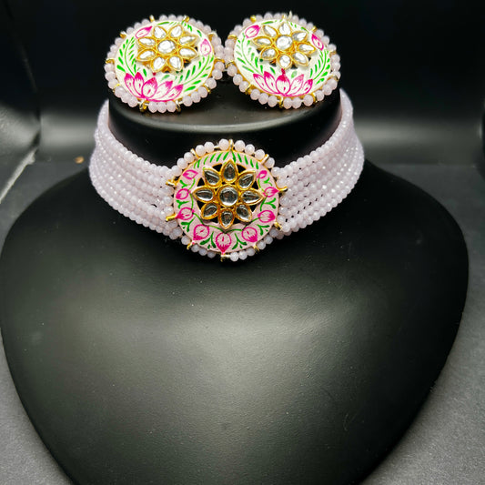 Hand-Painted Pink Lotus Choker Set with Kundan Center – Elegant Pearl Beaded Jewelry