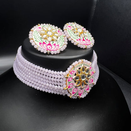 Hand-Painted Pink Lotus Choker Set with Kundan Center – Elegant Pearl Beaded Jewelry