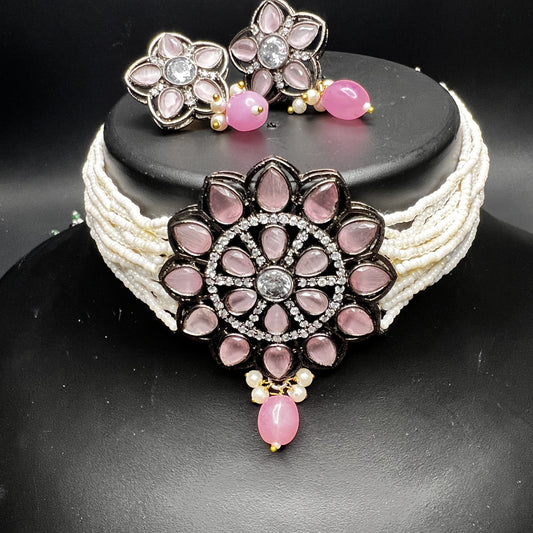 Floral Pink Stone & Pearl Choker Set with Matching Earrings – Bridal & Festive Jewelry