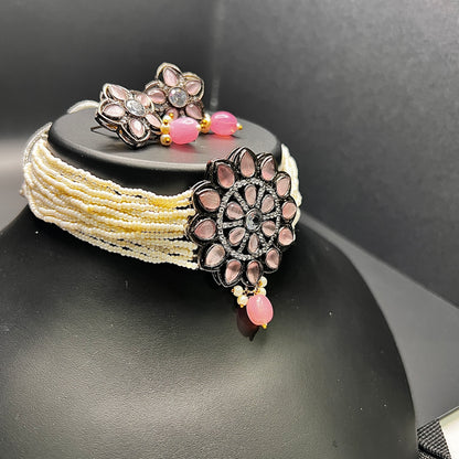 Floral Pink Stone & Pearl Choker Set with Matching Earrings – Bridal & Festive Jewelry