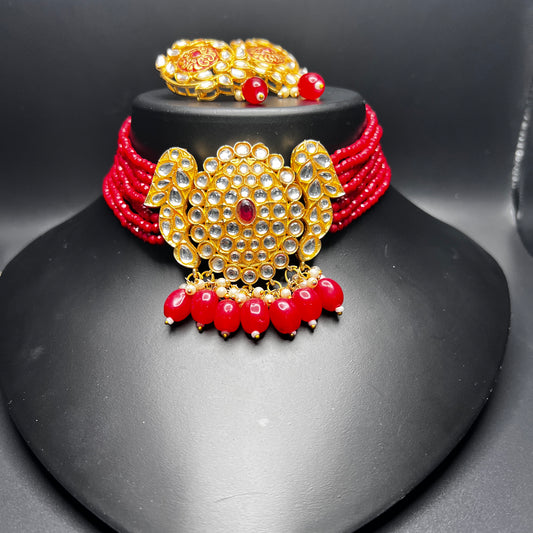 Kundan Red Bead Choker Set with Statement Earrings – Traditional Bridal Jewelry|Best Seller|Gift for Her