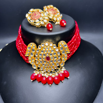 Kundan Red Bead Choker Set with Statement Earrings – Traditional Bridal Jewelry|Best Seller|Gift for Her