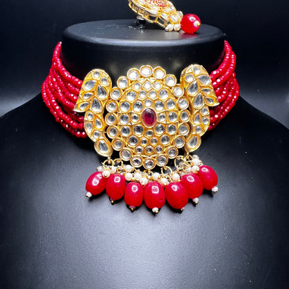 Kundan Red Bead Choker Set with Statement Earrings – Traditional Bridal Jewelry|Best Seller|Gift for Her