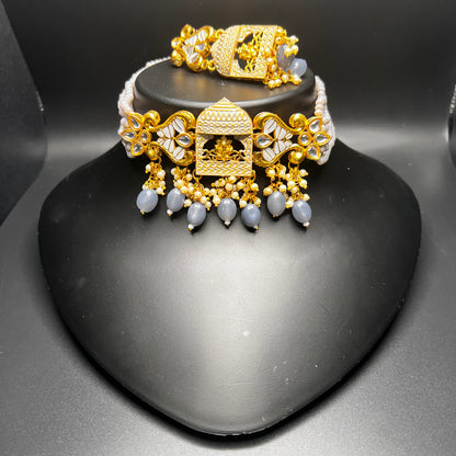 legant Lord Ganesha Motif Choker Set with Gray Beads & Enamel Earrings – Festive Temple Jewelry