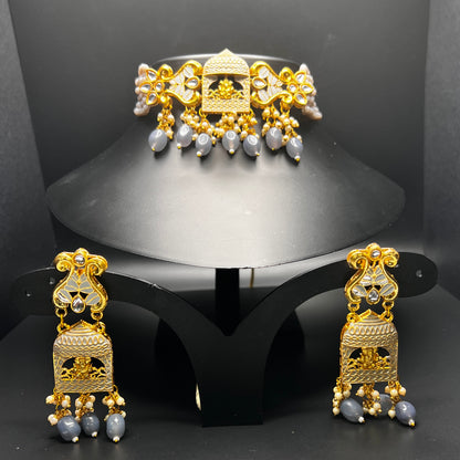 legant Lord Ganesha Motif Choker Set with Gray Beads & Enamel Earrings – Festive Temple Jewelry