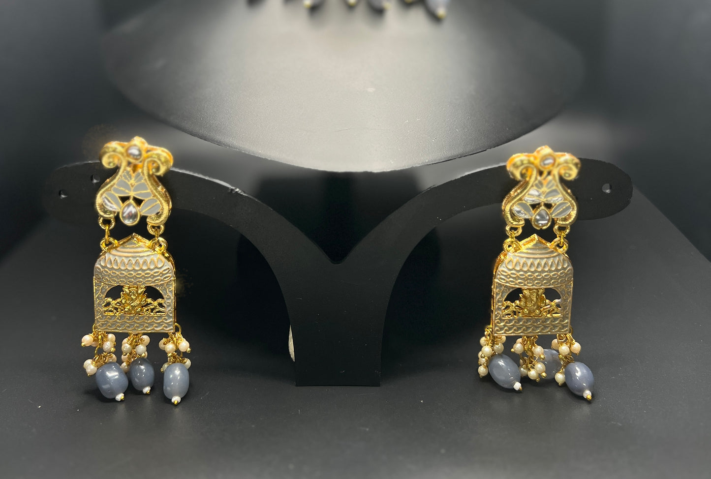 legant Lord Ganesha Motif Choker Set with Gray Beads & Enamel Earrings – Festive Temple Jewelry